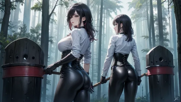 Masterpiece, Beautiful art, professional artist, 8k, Very detailed face, Detailed clothing, detailed fabric, 2 girls, view from behind, perfect ass, standing, BIG BREASTS, perfectly drawn body, shy expression, pale skin, beautiful face, long black hair, 4k...