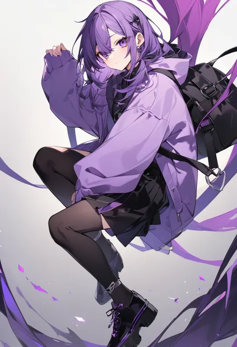 Keito。Purple hoodie。Black Skirt。Purple Eyes。Purple Hair。Black shoes下。Black shoes。