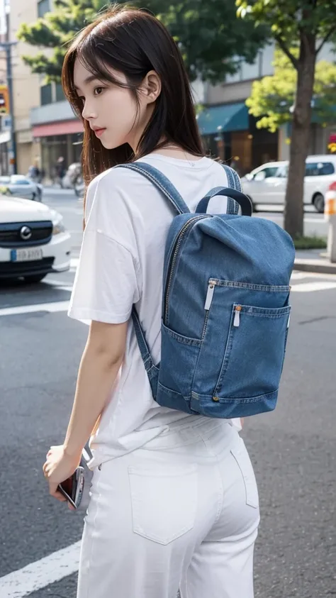 Wearing a white T-shirt and denim jeans、Casual city walking style AI beauty。Straight hair, shoulder length。Carrying a rucksack on your back、Holding a smartphone in hand。