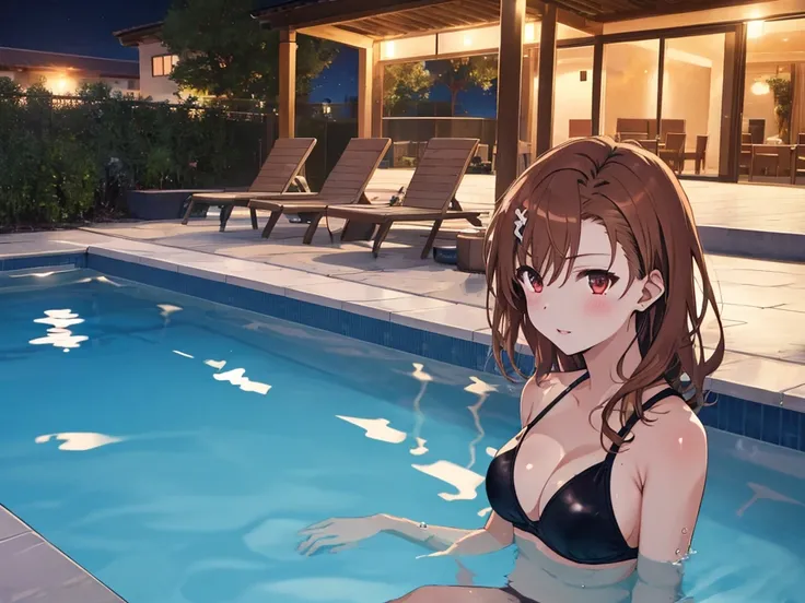 night, Hotel swimming pool, Night Party, Pool Party, (masterpiece), highest quality, Misaka Mikoto, 3girls, uhd, retina, masterpiece, ccurate, anatomically correct, textured skin, super detail, high details, high quality, best quality, highres, 4K