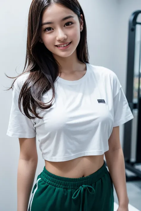 25 years old young female photography, best quality, Practical, Sharp eyes, Direct vision, very happy, Brown hair, Wearing a sexy green top and sweatpants at the gym the photo to start above thinghs, beautyful little smile girl 13year old,all white oversiz...