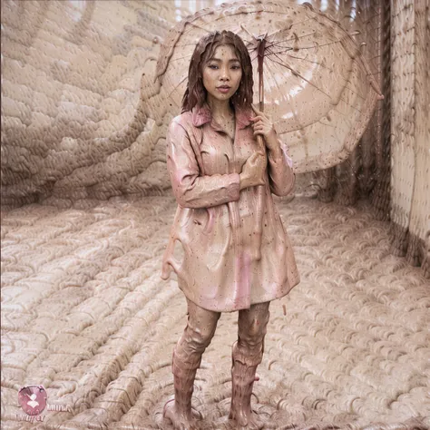 a beautiful asian woman holding a pink umbrella, cute pose, wearing a pink buttoned raincoat, tall pink rain boots, ((((muddy cl...