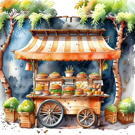 street food stall of healthy food, illustration, isolated with solid white background, surrounded with negative space, centered composition, 8k, highest detailed painting, very precise painting, Isolated, clear solid white background, perspective angle of ...