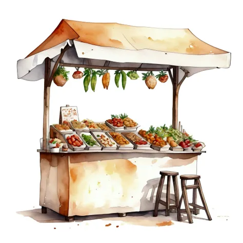 street food stall of healthy food, illustration, isolated with solid white background, surrounded with negative space, centered composition, 8k, highest detailed painting, very precise painting, Isolated, clear solid white background, perspective angle of ...