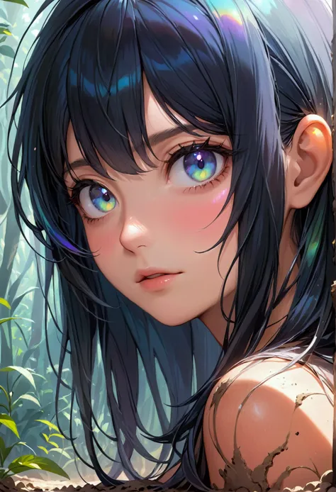 (masterpiece), best quality, expressive eyes, perfect face, Girl,long dark iridescent hair, iridescent eyes, small waist, small , large thighs,covered in dirt