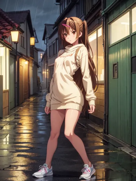 Girl, Sweater dress , Bare breasts, chest visible, street  background, Narrow passage between houses, night, rain, slim body, In full growth, Sneakers, small breast