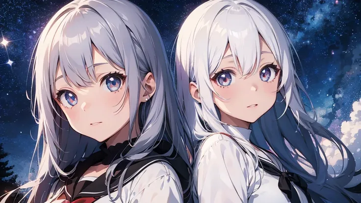 Highest quality,Anime Style,Sparkle Effect,Starry Sky,There is a girl on the right side of the screen.,White Hair,White clothes