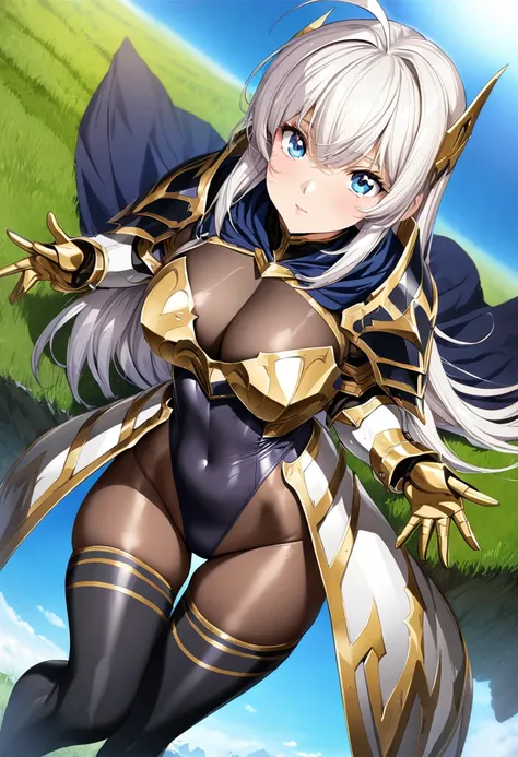 ((highest quality)), ((masterpiece)), ((hyperrealistic)), (detailed background), anime style, 1girl, ((curvy: 1.2)), (shoot from above), kawaii, paladin, ((black lame leotard)), ((catsuit leotard)), (paladin armor), (breastplate armored dress), cloak de co...