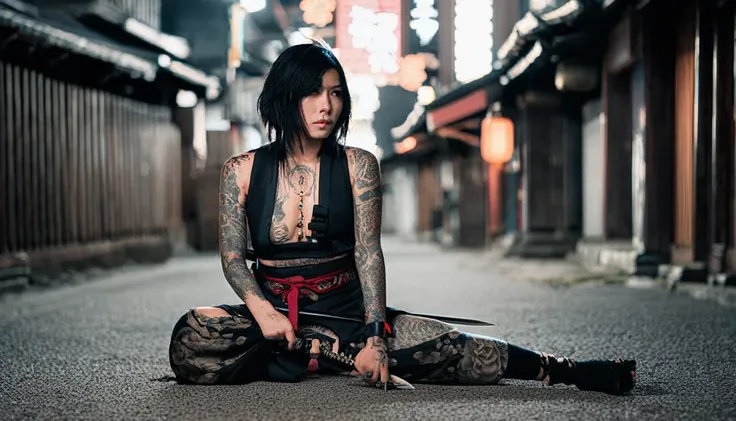 35mm vintage street photo of arafed woman with a sword and tattoo sitting on the ground, slim yakuza girl, katanas strapped to h...