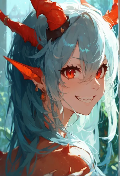 score_9,score_8_up,score_7_up,score_6_up,1girl, best quality, solo, long hair, hair over one eye, looking at viewer, claws, horns, grin, red eyes