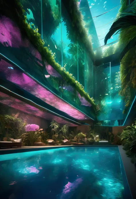 (Pool parties), a vibrant pool  set in a futuristic eco-city, where the latest in aquatic technology seamlessly blends with nature. The pool, a vast, crystal-clear bioluminescent body of water, glows with an iridescent palette that shifts with the underwat...