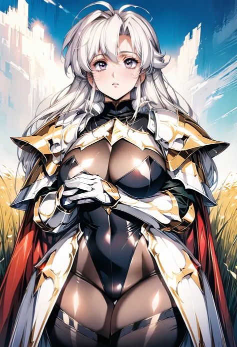 ((highest quality)), ((masterpiece)), ((hyperrealistic)), (detailed background), anime style, 1girl, ((curvy: 1.2)), (looking up:1.2), kawaii, paladin, ((black lame leotard)), ((catsuit leotard)), (paladin armor), (breastplate armored dress), cloak de cour...