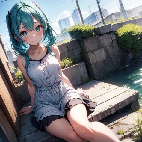 
The background is in the style of Makoto Shinkai, with the viewer sitting in nature under a clear blue sky.。

Hatsune Miku in a shoulder-baring dress。

The color of the dress is white。

A sexy, mature atmosphere reminiscent of Minato Ward girls。

Hair is ...