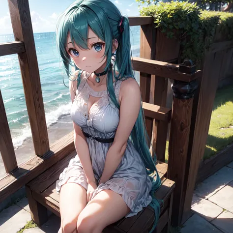 
The background is in the style of Makoto Shinkai, with the viewer sitting in nature under a clear blue sky.。

Hatsune Miku in a shoulder-baring dress。

The color of the dress is white。

A sexy, mature atmosphere reminiscent of Minato Ward girls。

Hair is ...