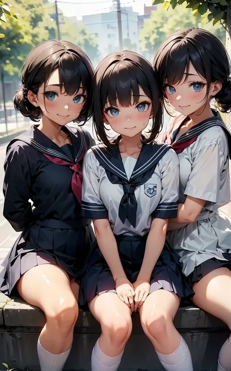 (Cute eyes:1.2), (Colorful eyes:1.2),(Beautiful Eyes:1.2), Highest quality,wonderful,finely,Highly detailed CG Unity 8k wallpaper, (The three of them lined up and hugged:1.2),(Three people with different physiques:1.3), (Three Girls, Sailor suit,  Dressed)...