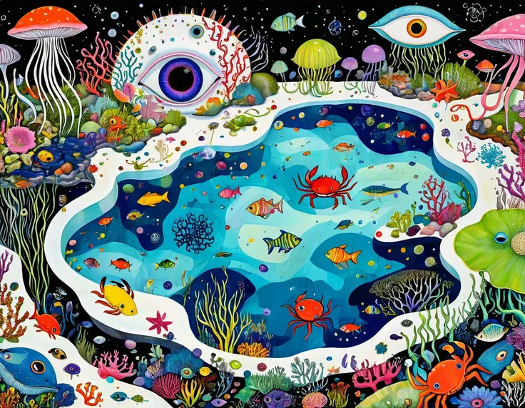 &quot;Dick Ellescas Artist Style&quot;,(((Swimming pool)))，Marine Life、Crab、fish，Tentacles，bird、Eye、diatom，Stitching together an abstract painting，Describing the inner world of autistic people，Sense of space，White Space，interesting，Innocence，Psychedelic Ar...