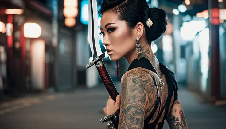 35mm vintage street photo of very beautiful lady with a sword and tattoo, slim yakuza girl, katanas strapped to her back, orient...