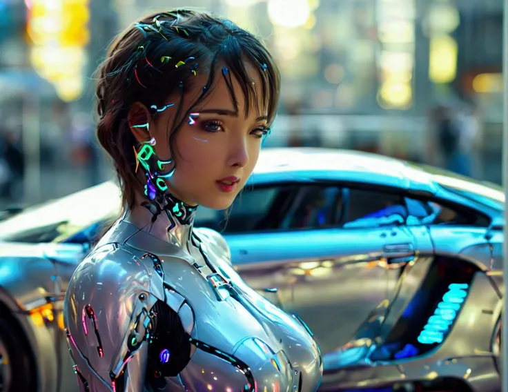 A cute woman ( sexy skin suit, a few cybernetic data-ports mar her skin, neon chrome color scheme (random color)) posing next to a matching cyber super car, future tokyo
