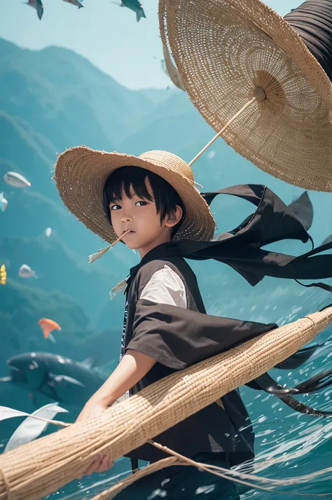 Black-haired male pupil, boy, short-sleeved shorts, wearing a long cape, a straw hat with two streamers and countless wind chimes, blowing a green flute on the back of a huge fish made of water, leading more fish behind him