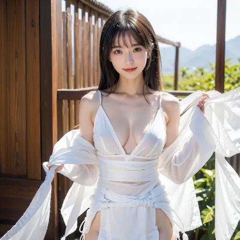 日本people、１people、The most beautiful woman、smile、Shyness、clear、Shiny black hair、Photo Style、length, bangs、light makeup、Standard face、(((Wearing a white Etchu loincloth)))、((Light clothing:0.5))、(She is hiding her breasts by wrapping a cloth around her chest...