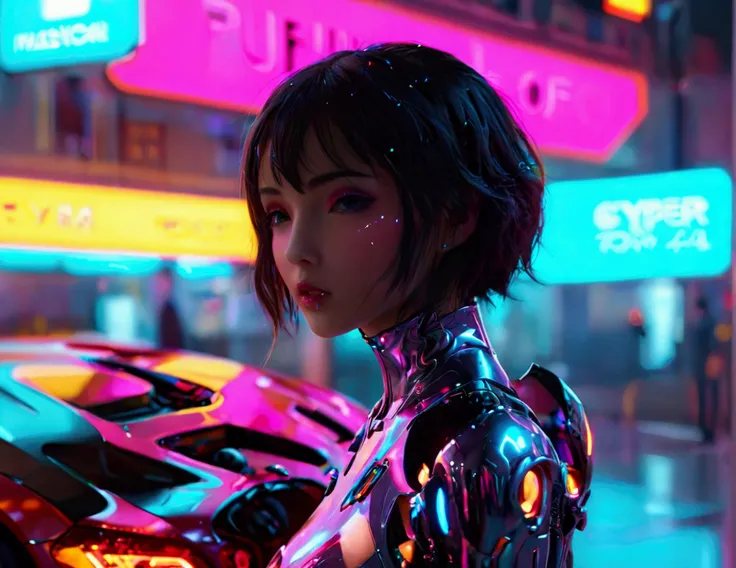 A cute woman, sexy skin suit, a few cybernetic data-ports mar her skin, neon chrome color scheme, posing next to a matching cyber super car, future tokyo, extremely detailed, high quality, 8k, photorealistic, masterpiece, cinematic lighting, vivid colors, ...