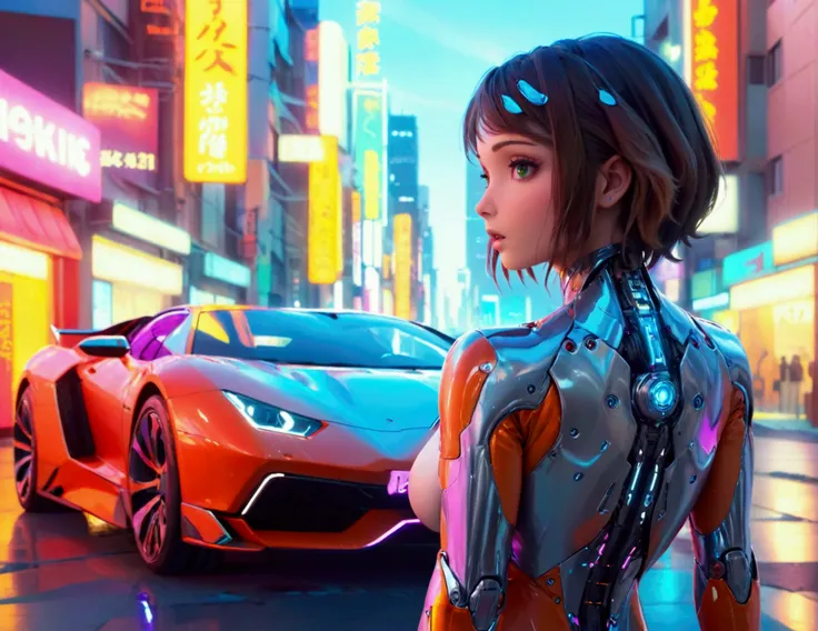 A cute woman, sexy skin suit, a few cybernetic data-ports mar her skin, neon chrome color scheme, posing next to a matching cyber super car, future tokyo, extremely detailed, high quality, 8k, photorealistic, masterpiece, cinematic lighting, vivid colors, ...