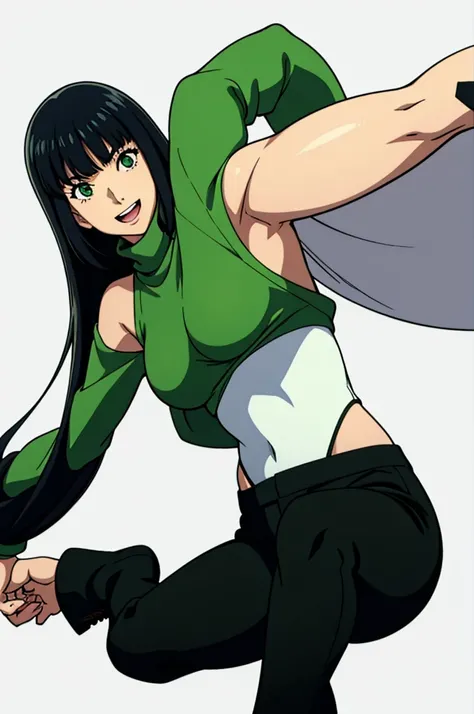 Image of a girl anime character wearing a green sweater and black pants, one leg raised, laughing happily in front of a white background. The girl wears a white shirt underneath the sweater and has shoulder-length hair with bangs.