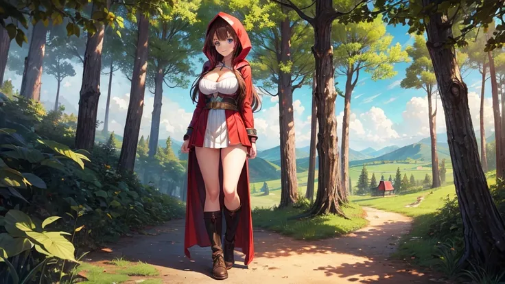 1girl, solo, full body, rural landscape, deep forest, trees, sun, clouds, fantasy, hut, mushrooms, path, brown hair, twintail, large breasts, red ress, hood,, cleavage 1:3, blue eyes, smile, looking at the viewer, standing