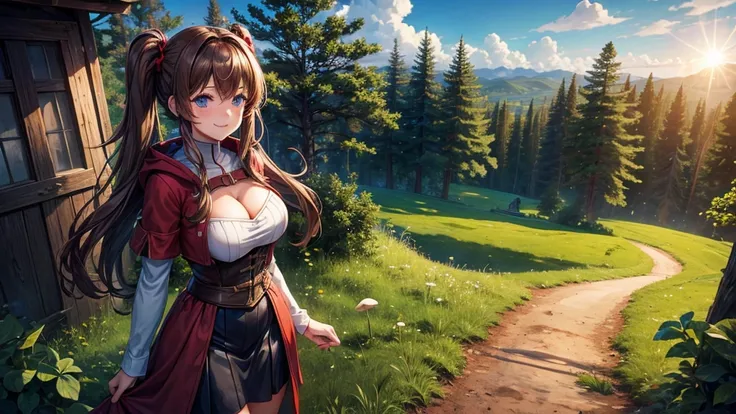 1girl, solo, full body, rural landscape, deep forest, trees, sun, clouds, fantasy, hut, mushrooms, path, brown hair, twintail, large breasts, red ress, hood,, cleavage 1:3, blue eyes, smile, looking at the viewer, standing