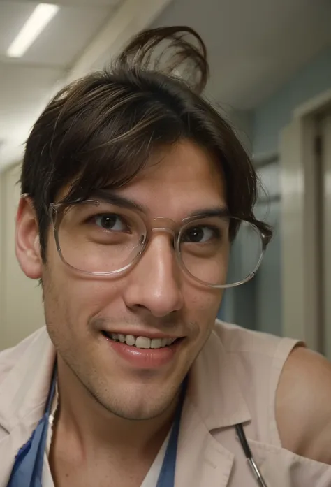 young doctor, without glasses, handsome, smiling in the hospital corridor,