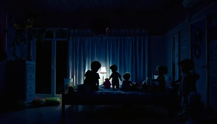 A bedroom in a simple house in the dark, there are 1 silhouettes of children playing with dolls at night.