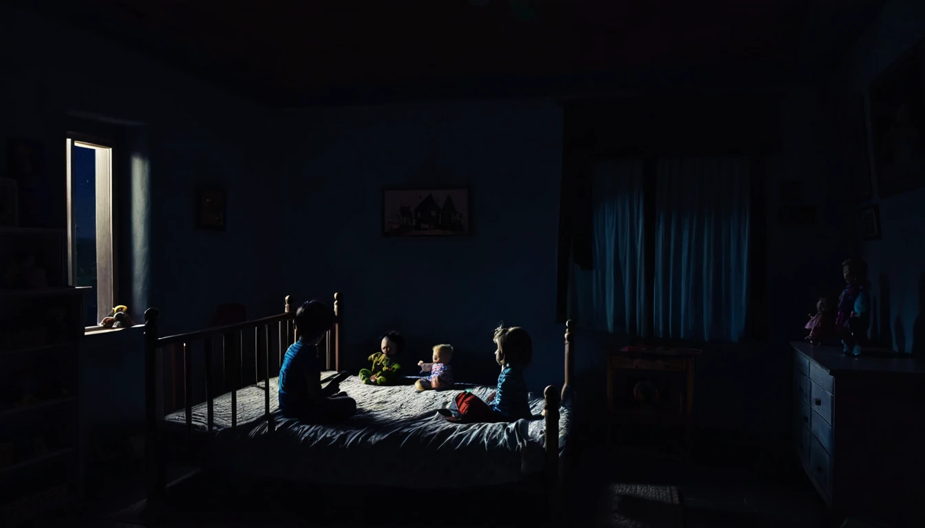 A bedroom in a simple house in the dark, there are 1 silhouettes of children playing with dolls at night.