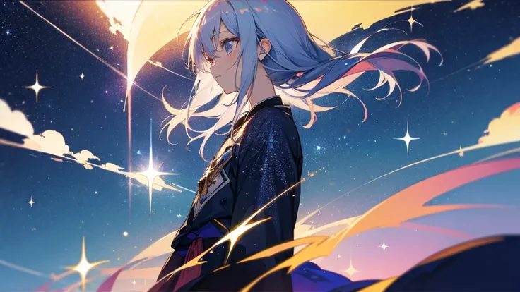 Highest quality,Anime Style,Sparkle Effect,Starry Sky,There&#39;s a girl on the right,White Hair,White clothes