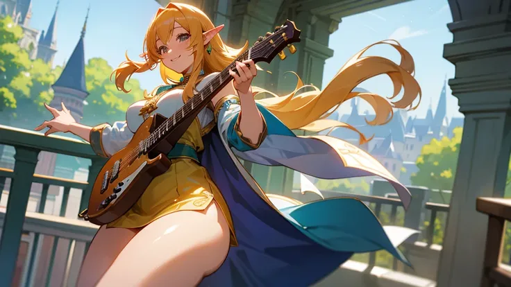 Thick thighs,Anime Style,A detailed background with many people,Magical World,A lively balcony with many people,Smiling bard beautiful elf girl,guitar,Large Breasts