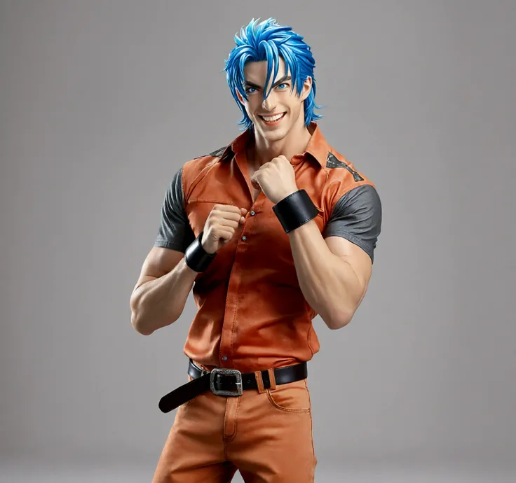 solo, long hair, looking at viewer, smile, blue eyes, simple background, shirt, 1boy, blue hair, male focus, cowboy shot, teeth, belt, pants, grey background, grin, muscular, own hands together, muscular male, sleeves rolled up, black belt