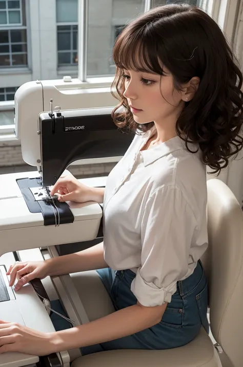 A white woman with dark curly hair sewing on a sewing machine with a studio in the background in cartoon
