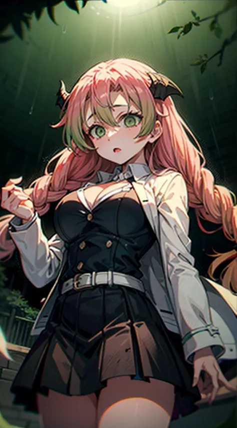 masterpiece, top quality, best quality, (sexual), 1girl, (upper body), (standing), Mitsuri, (gradient hair color), (long hair), seductive expression, sultry face, (love goddess), green eyes, (erotic),, cleavage, (demon slayer uniform), white jacket, (mini ...