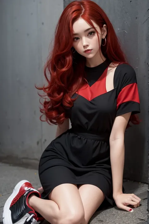  color red hair curly brunette black dress and sneakers