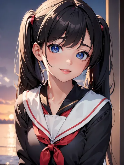 (Highest quality, 4K, masterpiece :1.3), Beautiful woman, 1 Girl, (chest, Attractive body :1.2), ＪＫ:1.1, Black Hair: 1.1, Twin tails, Sailor suit, Highly detailed face, Lip details, Beautiful Eyes, double eyelid, smile,Blowjob