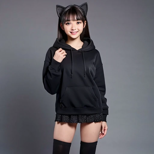 Erotic images, full-body images, elementary school girls, cat ear hoodie, black knee-highs