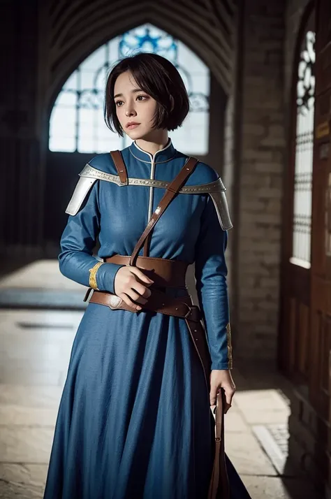 Joan of Arc with short hair, cinematic style, left view, beautiful