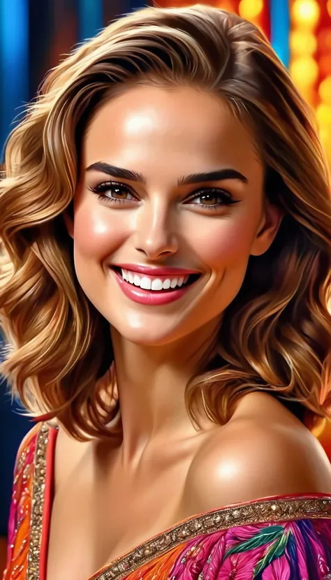 (Natalie Portman), smile, (best quality,8k,hyperrealism:1.2),vibrant colors, sharp focus, insanely detailed, studio lighting, ultra-fine painting, hair blowing in the wind, stunningly realistic eyes and lips, perfect facial proportions, meticulous skin tex...