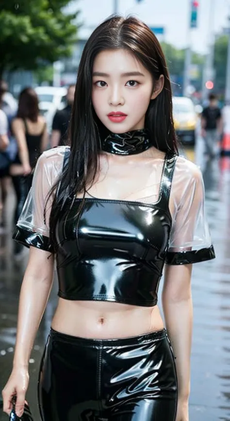 ((Best Quality, 8K, Masterpiece: 1.3)), Sharp Focus: 1.2, Beautiful Women with Perfect Bodies: 1.4, Slim Abdomen: 1.2, (Latex Shirt 1.2)), (No Bra), (Tight and Skin-Tight Latex Shirt: 1.3), (Rain-Wet Transparent Latex Shirt: 1.4), (Rain, Street: 1.2), Wet ...