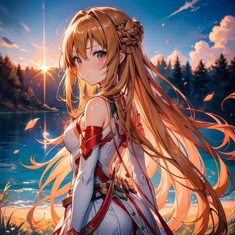 anime girl with long hair and sword in field with sky background, asuna yuuki, asuna from sao, epic light novel art cover, detai...