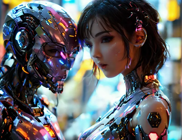 A cute woman ( sexy skin suit, a few cybernetic data-ports mar her skin, neon chrome color scheme (random color)) posing next to a matching cyber super mecha, future tokyo
