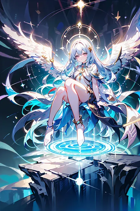 masterpiece, 8k, best quality, extremely detailed, ultra-detailed face, detailed hair, shiny glossy hair, 1girl, magic circle, AngelicAI, Floating with legs bent, Stardust, gold decoration