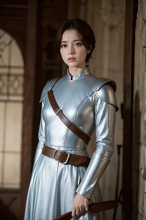 Joan of Arc with short hair, cinematic style, left view, beautiful