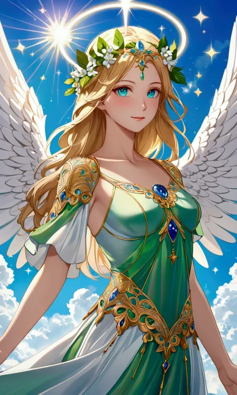 Most beautiful anime style, ultra top quality, super detailed, ultra masterpiece, 4k, beautiful girl, upper body, personification of Archangel Raphael, healing angel, radiating green healing light, soft warm light, dressed in green and blue elegant plumage...