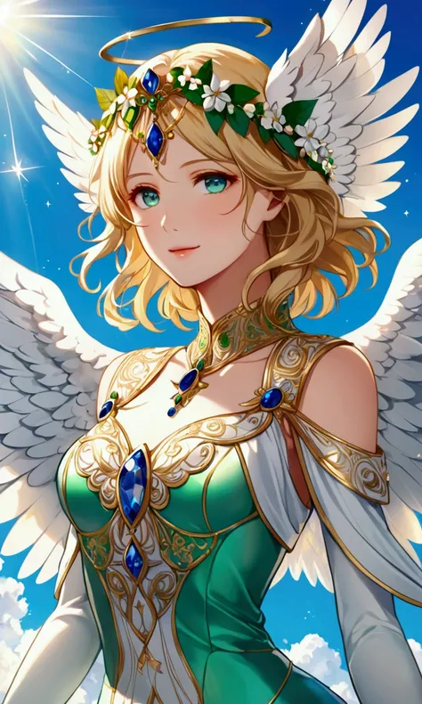 Most beautiful anime style, ultra top quality, super detailed, ultra masterpiece, 4k, beautiful girl, upper body, personification of Archangel Raphael, healing angel, radiating green healing light, soft warm light, dressed in green and blue elegant plumage...