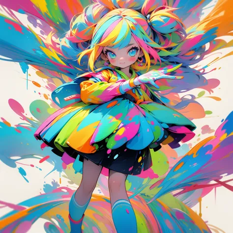 Full body, cute, colorful, cartoon, paint splashed, colorful outfit.